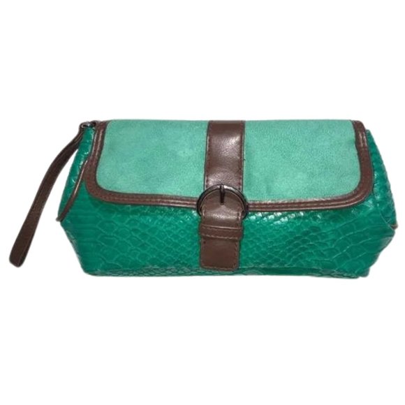 Elizabeth Arden Handbags - Elizabeth Arden Vintage Green Faux Snakeskin with Brown Wristlet Clutch
